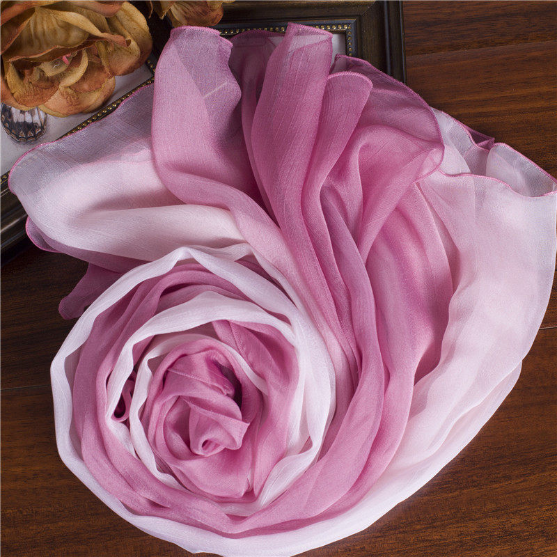 真丝围巾渐变色春秋百搭玫红丝巾