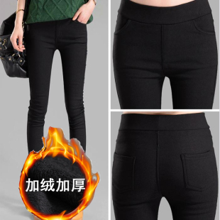 加绒加厚打底裤女外穿冬季高腰大码女裤子带绒胖MM黑色小脚铅笔裤