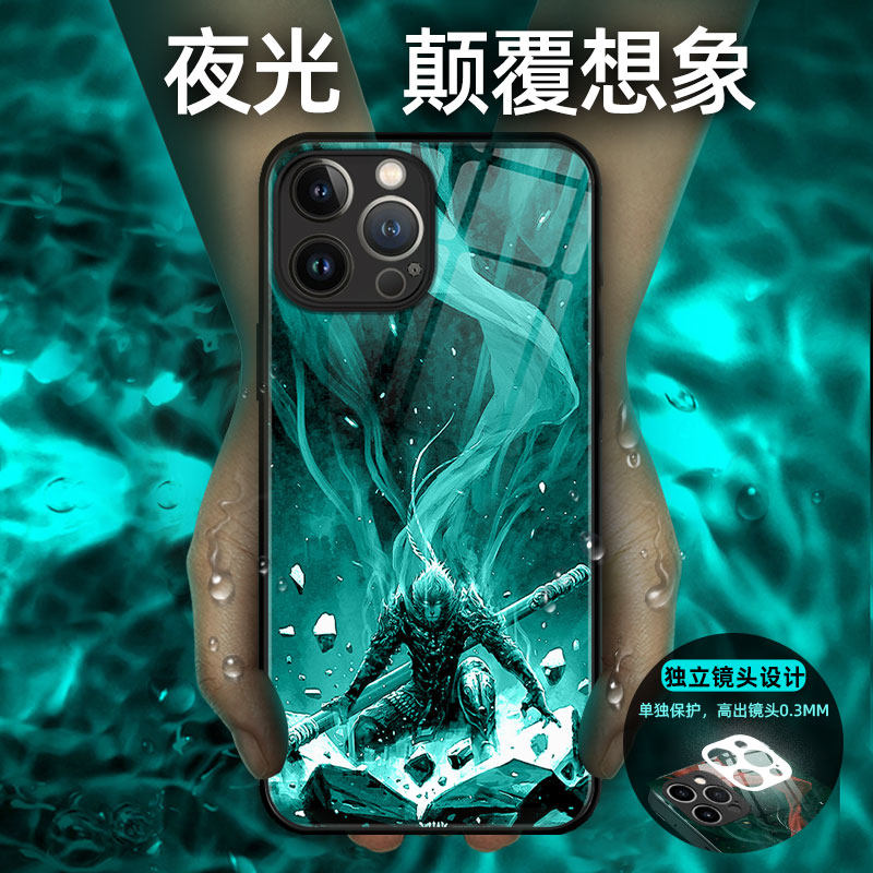 花昔适用苹果iPhone手机壳14promax夜光玻璃11保护套Xs网红潮牌12酷炫发光xs/xr全包防摔8/7plus