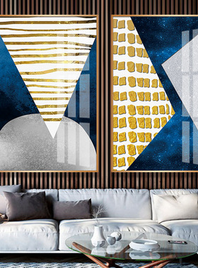 深蓝金黄色晶瓷画五星级酒店软装饰画欧式抽象艺术长方形双联挂画