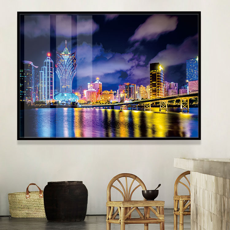 澳门新葡京酒店装饰画城市夜晚风景观晶瓷画商务宾馆西餐厅墙挂画