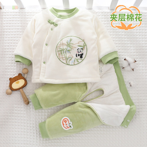 新生婴儿棉袄棉裤套装开裆分体加绒加厚冬装夹层棉花宝宝棉服外穿