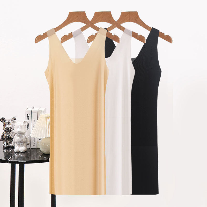夏季冰丝无痕背心裙女中长款超薄大码胖MM宽松吊带睡裙打底内衬裙