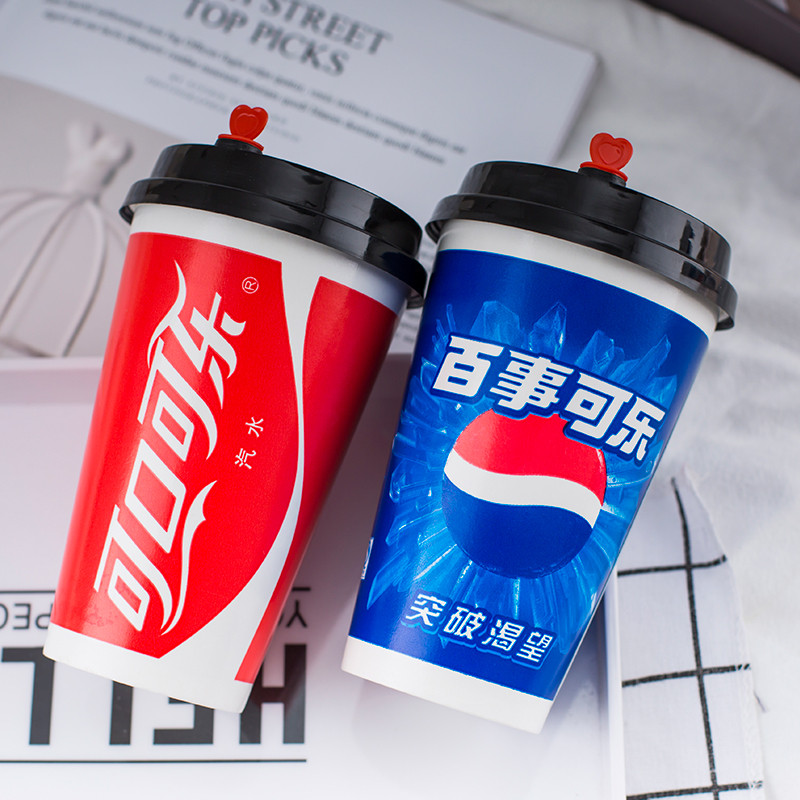 一次性纸杯12A400 700毫升加厚500饮料蓝可乐杯百事带盖定制热销