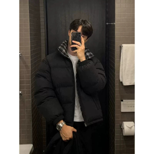 青年黑色拼接格子好看羽绒棉服男秋冬棉衣外套加厚保暖防寒服外衣