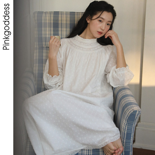 法式复古纯棉提花蕾丝长款睡裙女