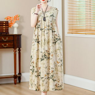 宽松棉绸连衣裙女大码 韩版 印花洋气外穿睡衣长裙 夏季 中老年妈妈装