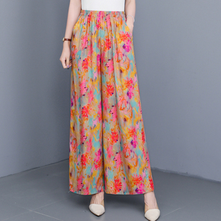 松紧高腰阔腿裤 新款 妈妈大码 印花薄款 子 中老年女裤 棉绸九分裤 夏季