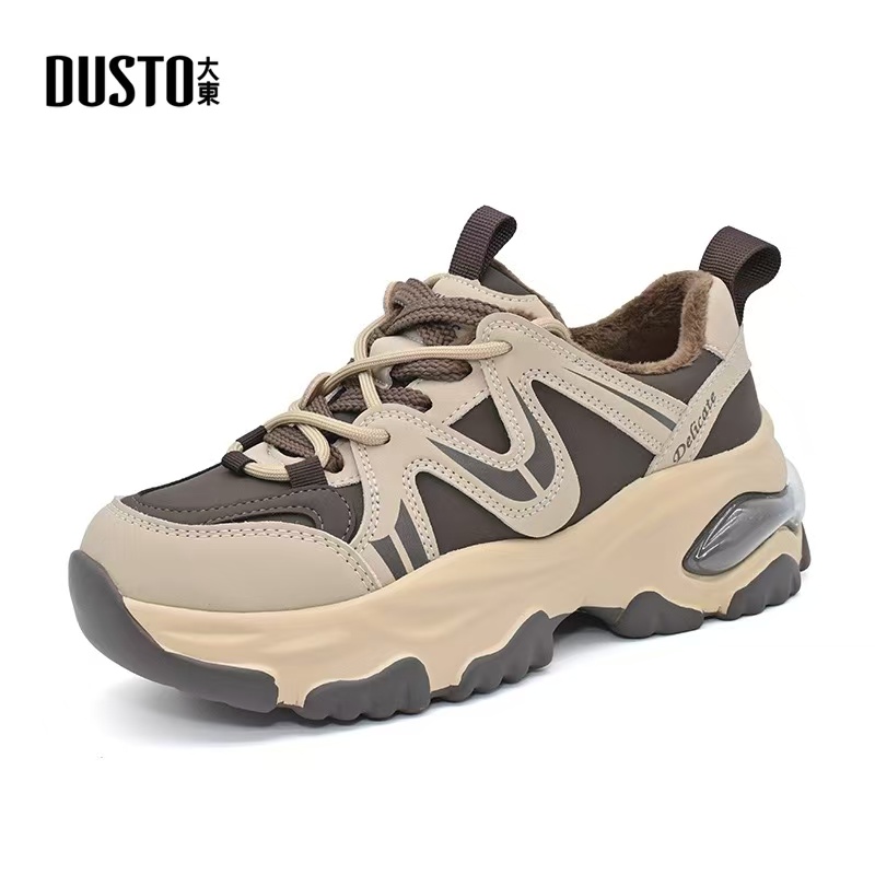 大东老爹鞋女2024冬季新款时尚休闲中跟平底圆头系带运动加绒女鞋