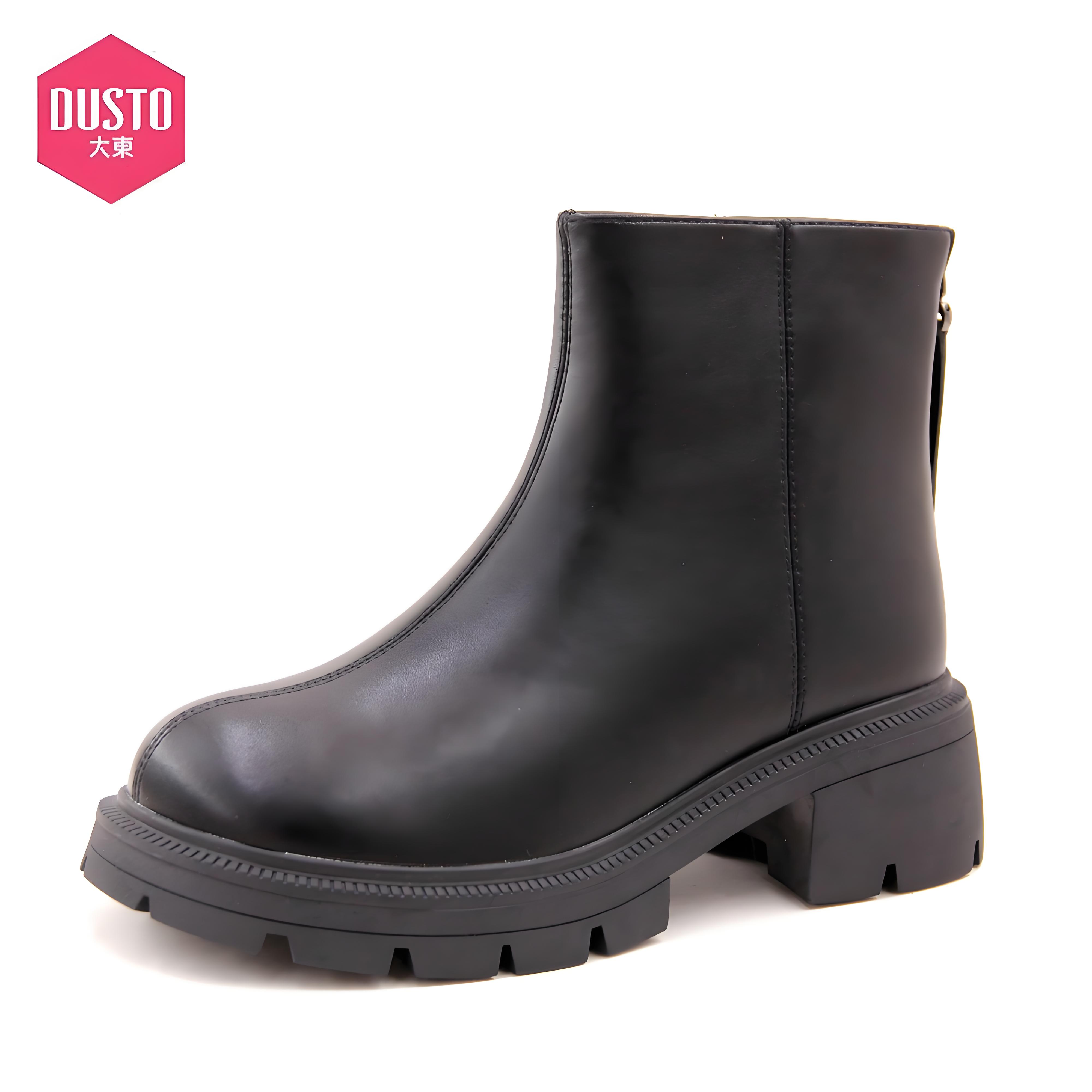 大东2024冬季新款女鞋时尚优雅时装靴圆头粗跟中跟后拉链中筒女靴