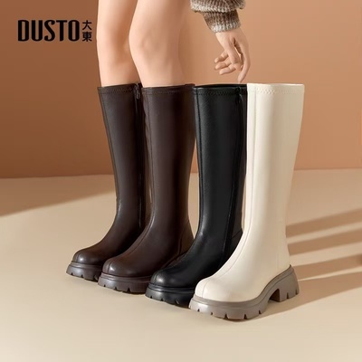 大东骑士靴女鞋2024冬季新款时尚休闲粗跟侧拉链高跟圆头中筒靴