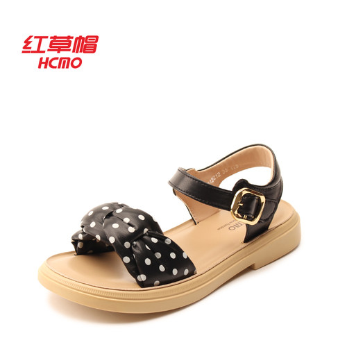 红草帽女童凉鞋夏季波点蝴蝶结一字扣平底软底休闲百搭T0142212