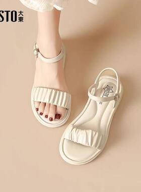 大东一字带凉鞋24夏季新款时尚优雅平底低跟一字扣凉鞋