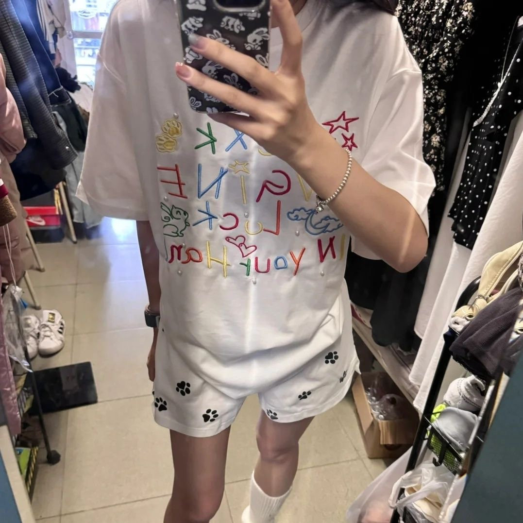 新款纯棉彩色字母刺绣钉珠短袖T恤女夏季2025韩版慵懒风上衣潮