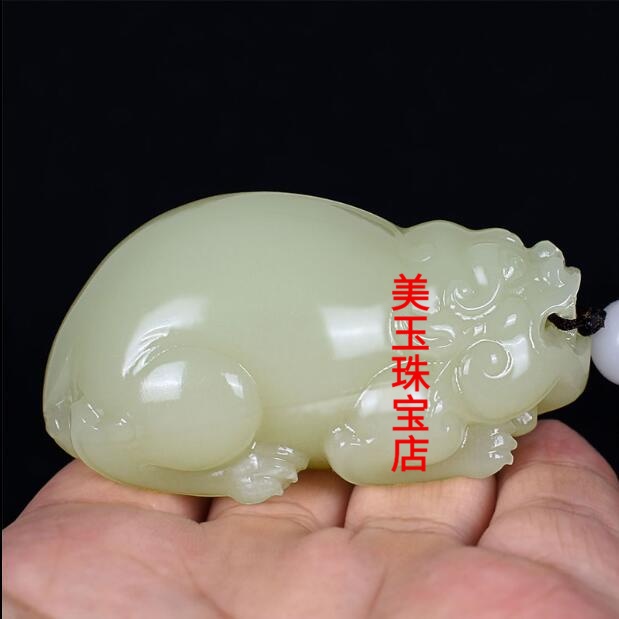 和田玉色青白玉貔貅手把件男款玉石手玩件