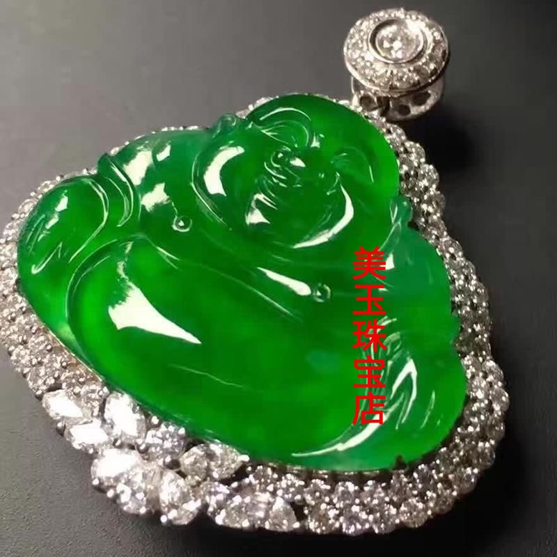 翡翠色佛公吊坠镶满绿冰种帝王绿正阳绿坐佛玉佩高端礼