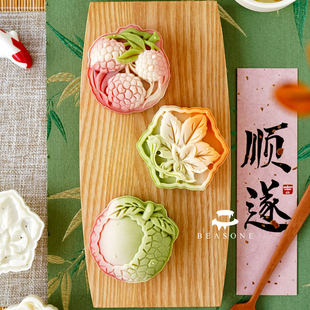 新款新中式75克荔枝枫叶中秋广式桃山皮冰皮月饼模具开运酥手压式