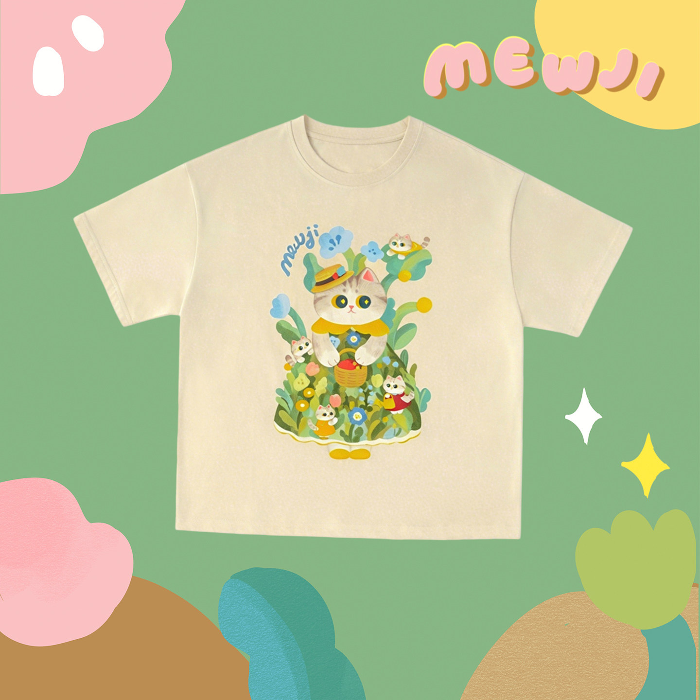 MEWJI妙吉原创设计猫咪可爱印花宽松圆领上衣短袖纯棉T恤夏季女