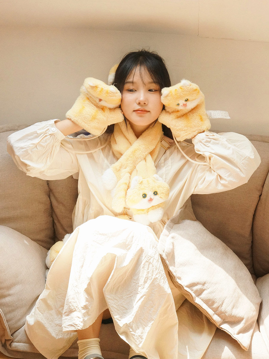 MEWJI 원래 고양이 귀여운 JK 소녀 오렌지 고양이 스카프 플러시 가을 겨울 스카프 장갑 어깨 가방