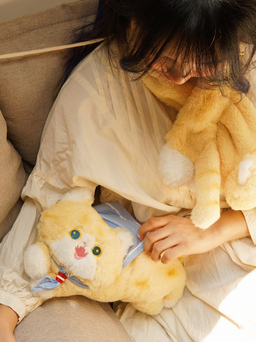MEWJI 원래 고양이 귀여운 JK 소녀 오렌지 고양이 스카프 플러시 가을 겨울 스카프 장갑 어깨 가방