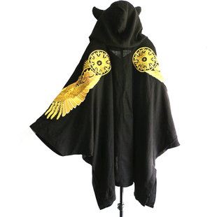 长袖衬衫男款蝙蝠衫恶魔角中长款斗篷新中式男装披风棉麻衬衣外套