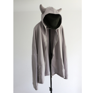 大码潮牌小众上衣恶魔角卫衣男女连帽外套宽松情侣款春秋拉链开衫