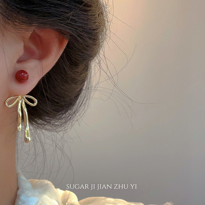 SUGAR 安可拉红珍珠蝴蝶结耳钉2025爆款气质高级感两戴式耳环女