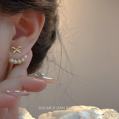 SUGAR蝴蝶结珍珠耳钉女小众设计高级感甜美气质耳环女2025年新款