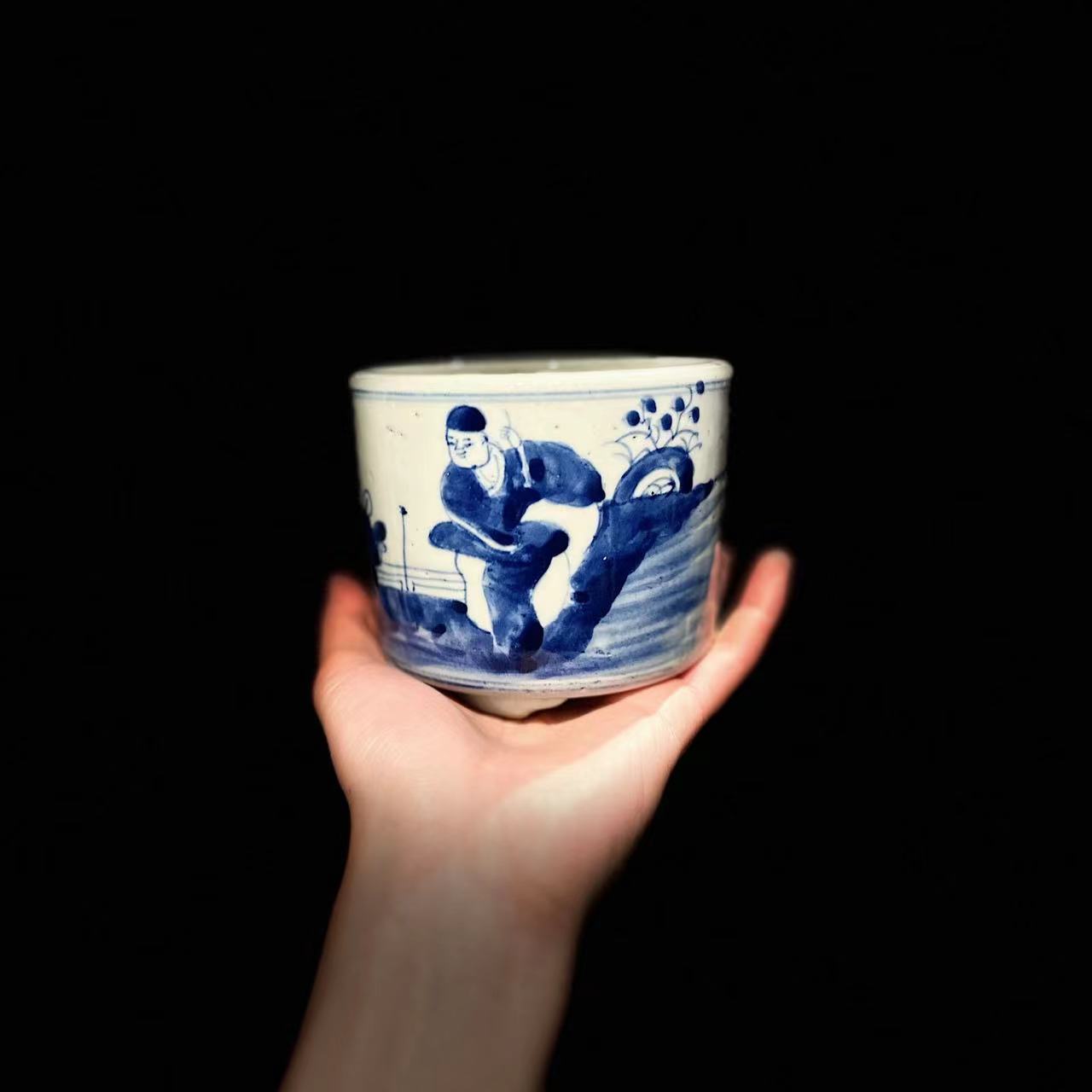 古器物清代道光老瓷器 青花手绘人物图 三足供佛香炉茶道点香建水