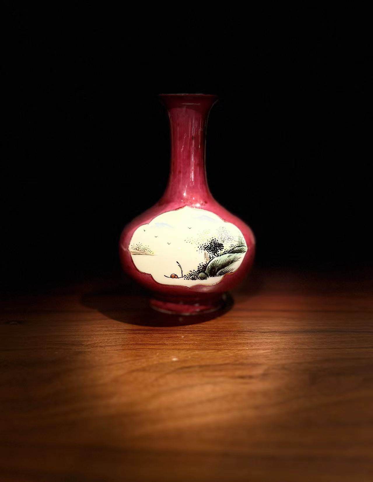 古器物民国浅绛彩小花瓶 胭脂红手绘山水描金意境赏瓶 茶席花道器