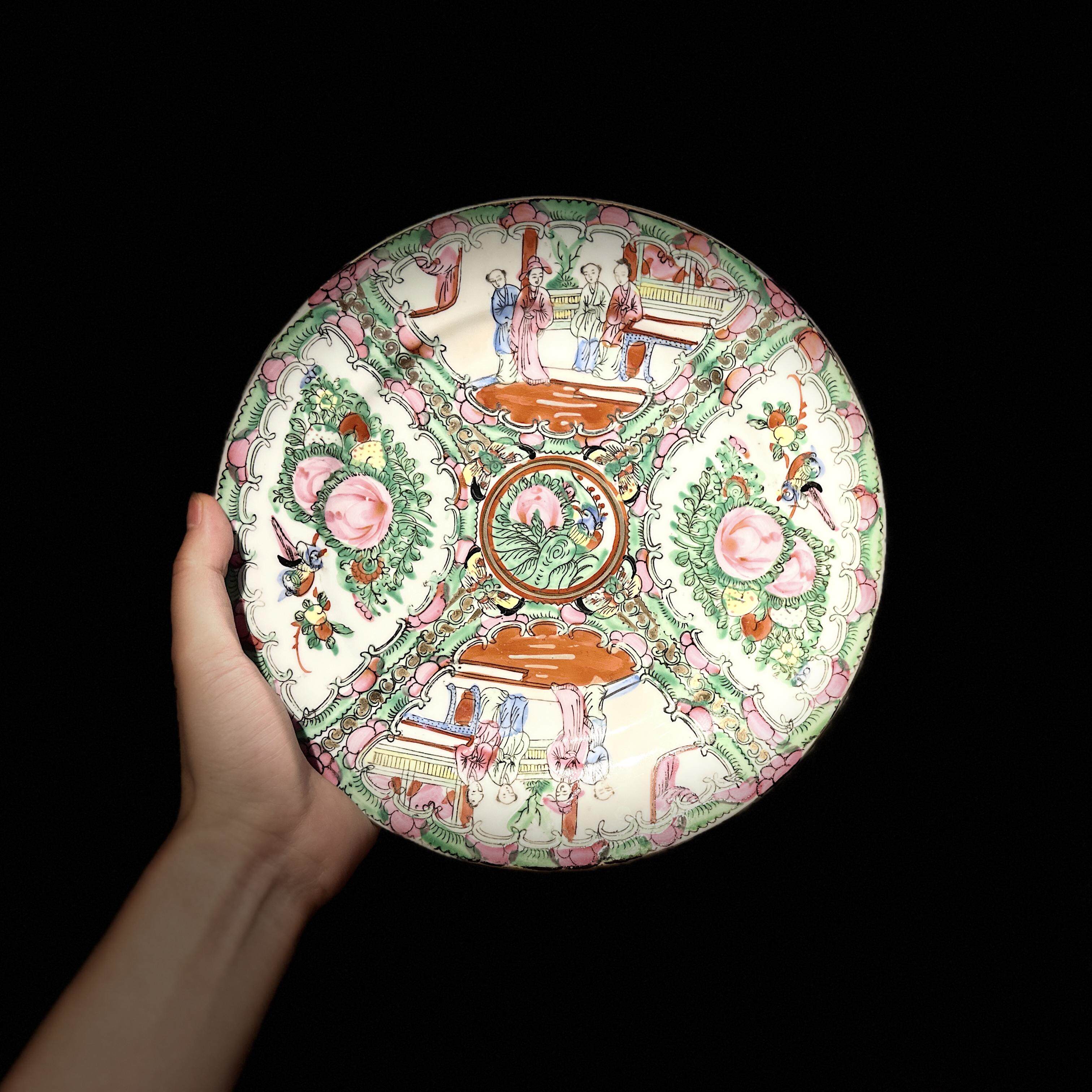 古器物清末出口原矿广彩赏盘 画花鸟人物寿桃图 茶道器大茶盘摆盘