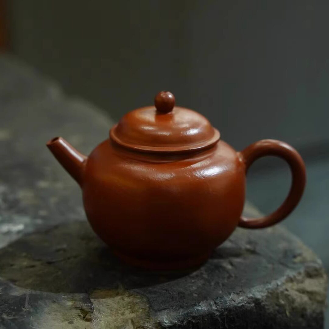 80年台定全手工紫砂壶 原矿老朱泥巨轮珠 工夫小品孟臣诗句款100c