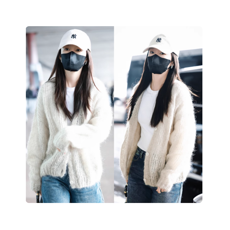 李沁同款米色长袖宽松慵懒针织开衫毛衣外套牛仔裤套装女2025秋季