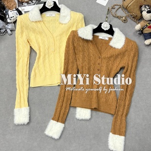 MiYiStudio实拍秋冬OOTD韩国东大门撞色毛毛领袖 毛衣 口拼接针织衫