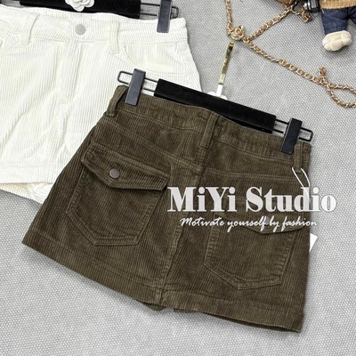 MiYiStudio实拍秋冬OOTD韩女穿搭灯芯绒口袋A字裙半身短裙显瘦