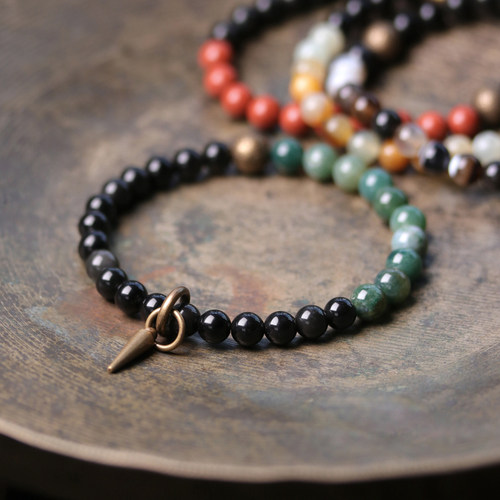 原创简约民族风黑曜石手链女复古中国风气质文艺彩色珠子情侣饰品