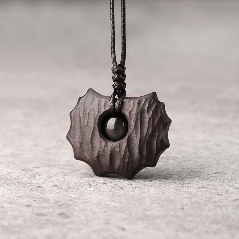 非鱼之家原创设计手工镶黑曜石黑檀木吊坠潮男 复古个性挂饰坠子