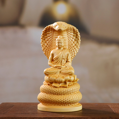 黄杨木雕蛇佛释迦牟尼佛蛇护佛大日如来佛像木质雕刻家居装饰摆件