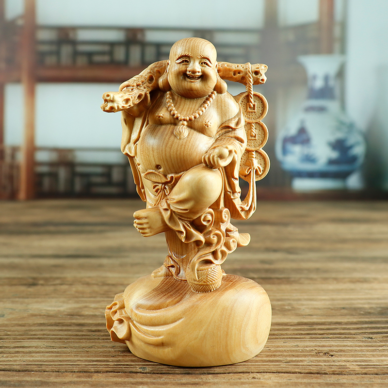 黄杨木雕工艺品佛像招财铜钱弥勒