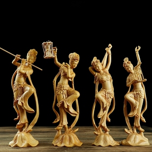 黄杨木雕摆件敦煌飞天四音美女精品实木人物客厅装 饰创意雕刻工艺