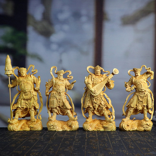 黄杨木雕四大天王金刚守门神摆件