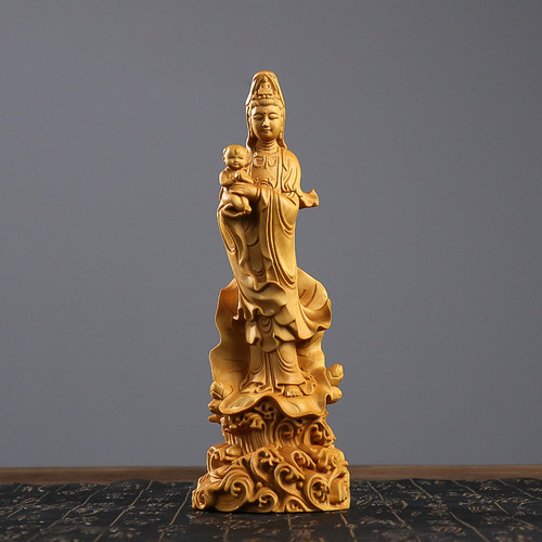 黄杨木送子手把玩件车载观音佛像