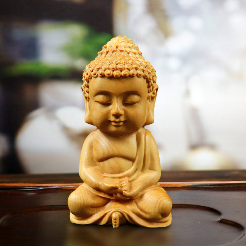Boxwood carving ornaments Home craft gifts ornaments characters Buddha Statue Shakyamuni Buddha Q version of the small Tathagata Guanyin tea pet handle