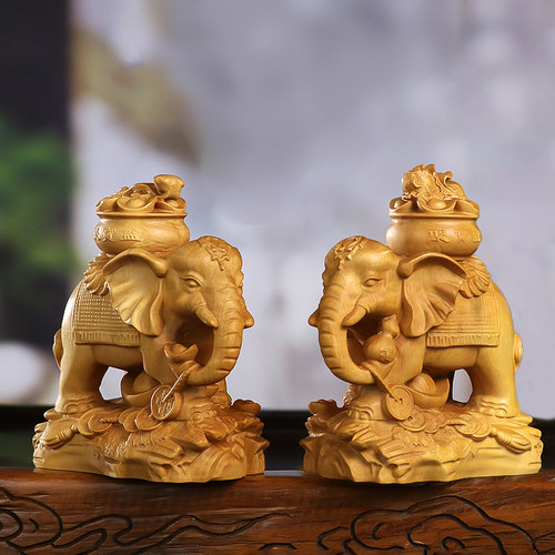 黄杨木雕招财对象大象家居摆件