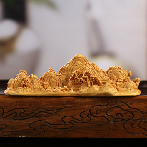 黄杨木雕刻千里江山摆件笔搁笔架山水画文房送礼品手把件家居饰品