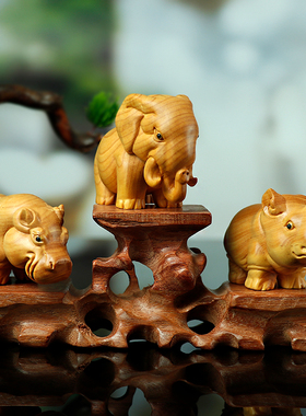 黄杨木雕非洲三宝犀牛河马大象摆件文玩手把件创意车载家居工艺品