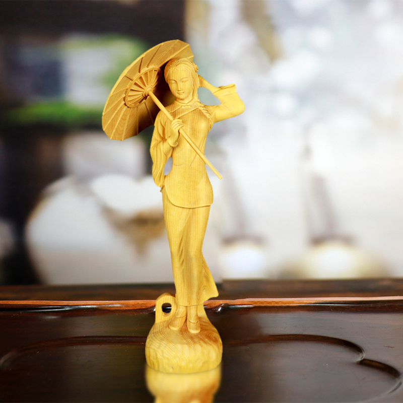 黄杨木撑伞玩件江南烟雨工艺品