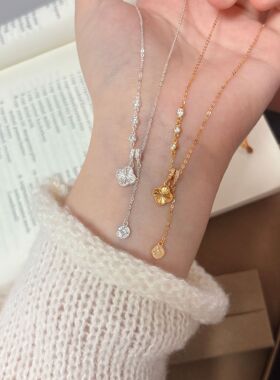 s925纯银镭射四叶草项链女璀璨闪亮小众设计感流苏毛衣链网红气质