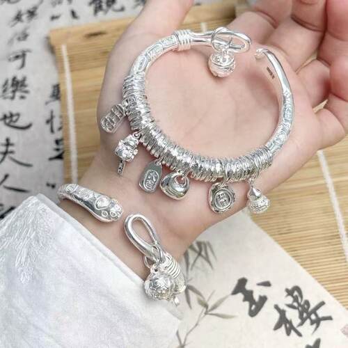 手镯女镀纯银不掉色夸张手链吉言盘缠招财猫黄财神手饰礼品手串