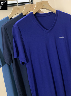 犇业春夏新品短袖男士莫代尔鸡心领纯色V领修身休闲T恤9463